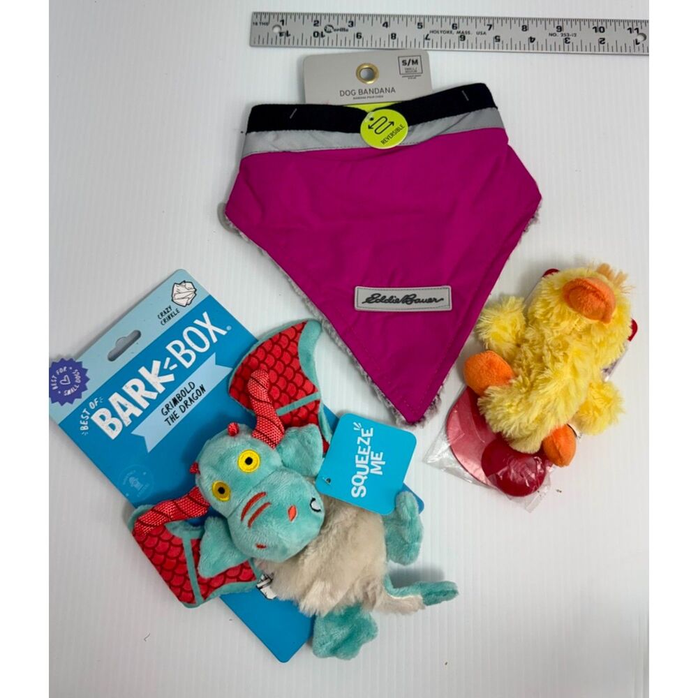 NWT BarkBox 2-Piece Plush Dog Toy Lot & Eddie Bauer Fleece-Lined Nylon Bandana